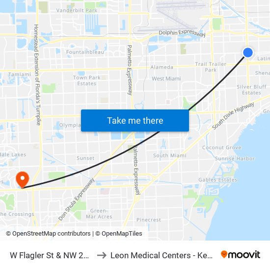 W Flagler St & NW 27 Av to Leon Medical Centers - Kendall map