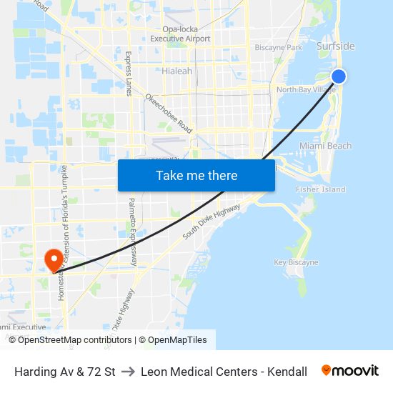 Harding Av & 72 St to Leon Medical Centers - Kendall map