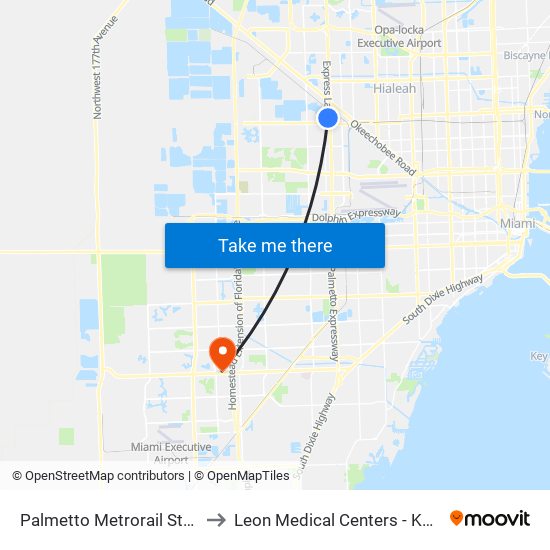 Palmetto Metrorail Station to Leon Medical Centers - Kendall map