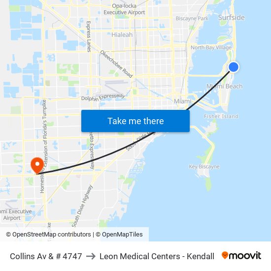 Collins Av & # 4747 to Leon Medical Centers - Kendall map