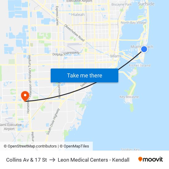 Collins Av & 17 St to Leon Medical Centers - Kendall map