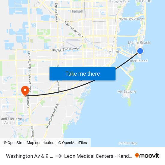 Washington Av & 9 St to Leon Medical Centers - Kendall map