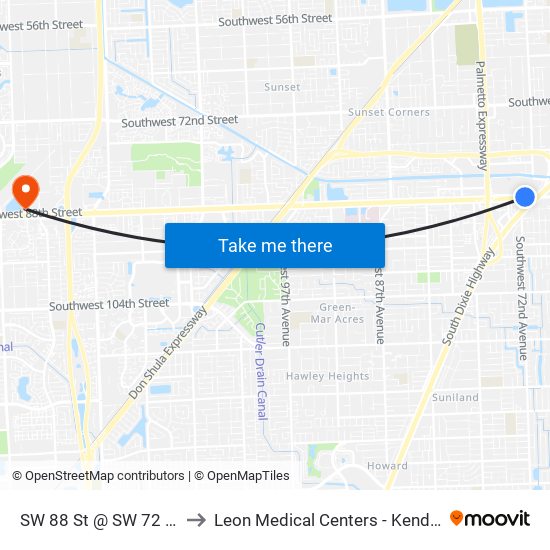 SW 88 St @ SW 72 Ct to Leon Medical Centers - Kendall map