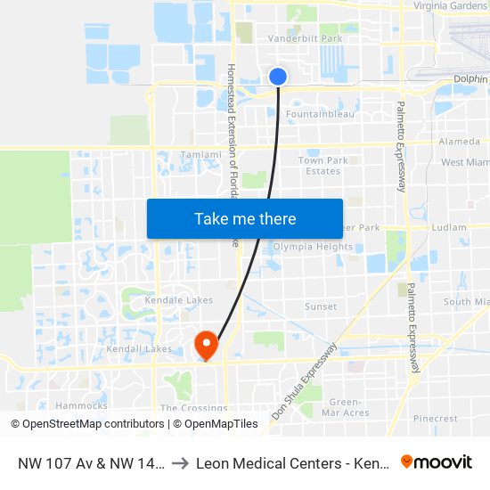 NW 107 Av & NW 14 St to Leon Medical Centers - Kendall map