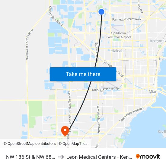 NW 186 St & NW 68 Av to Leon Medical Centers - Kendall map