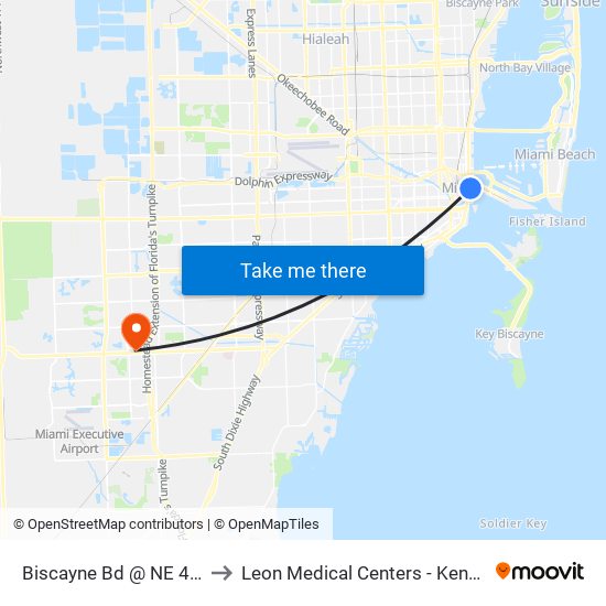 Biscayne Bd @ NE 4 St to Leon Medical Centers - Kendall map