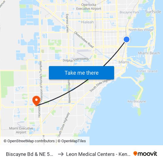 Biscayne Bd & NE 54 St to Leon Medical Centers - Kendall map