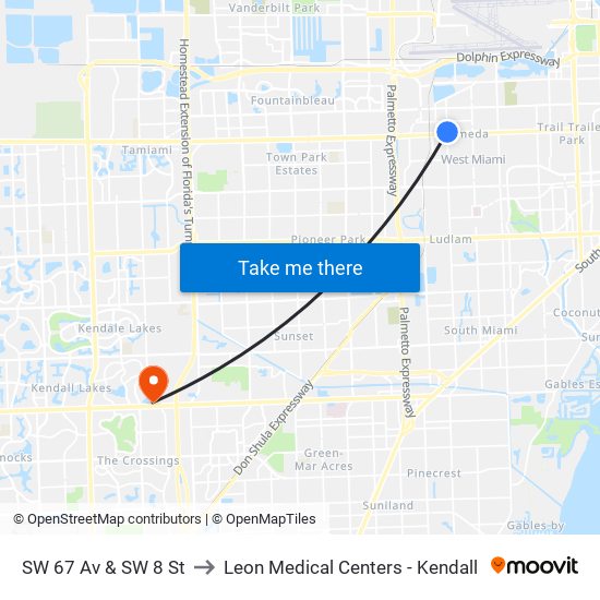 SW 67 Av & SW 8 St to Leon Medical Centers - Kendall map