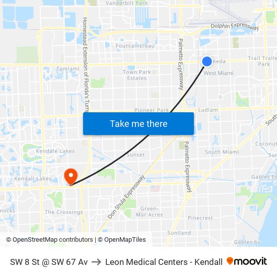 SW 8 St @ SW 67 Av to Leon Medical Centers - Kendall map