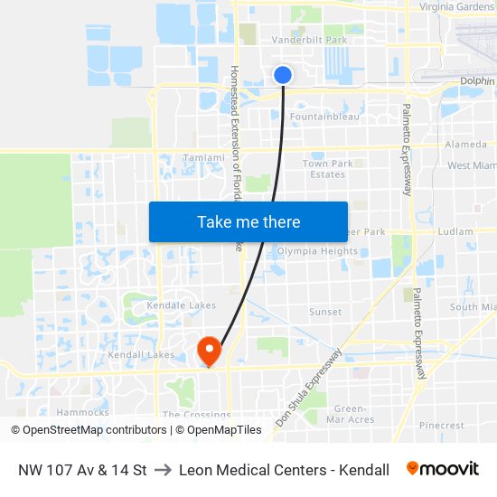 NW 107 Av & 14 St to Leon Medical Centers - Kendall map