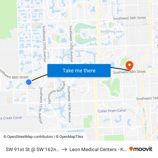 SW 91st St @ SW 162nd Ave to Leon Medical Centers - Kendall map