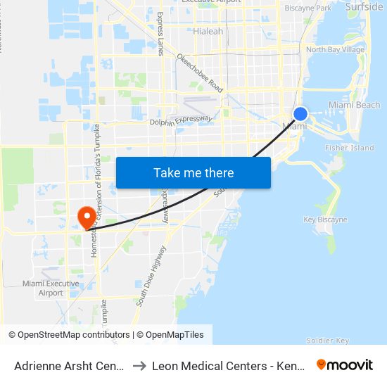 Adrienne Arsht Center to Leon Medical Centers - Kendall map