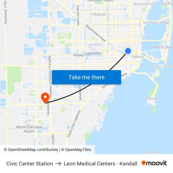 Civic Center Station to Leon Medical Centers - Kendall map