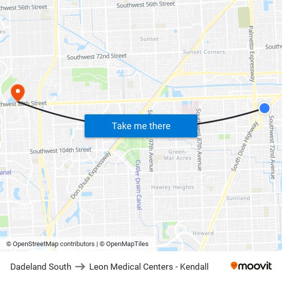 Dadeland South to Leon Medical Centers - Kendall map