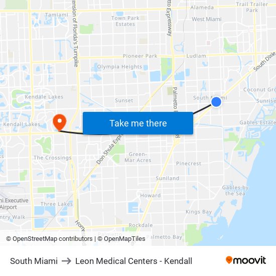 South Miami to Leon Medical Centers - Kendall map