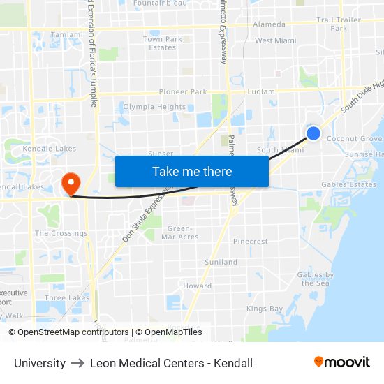 University to Leon Medical Centers - Kendall map