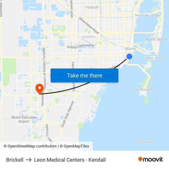 Brickell to Leon Medical Centers - Kendall map