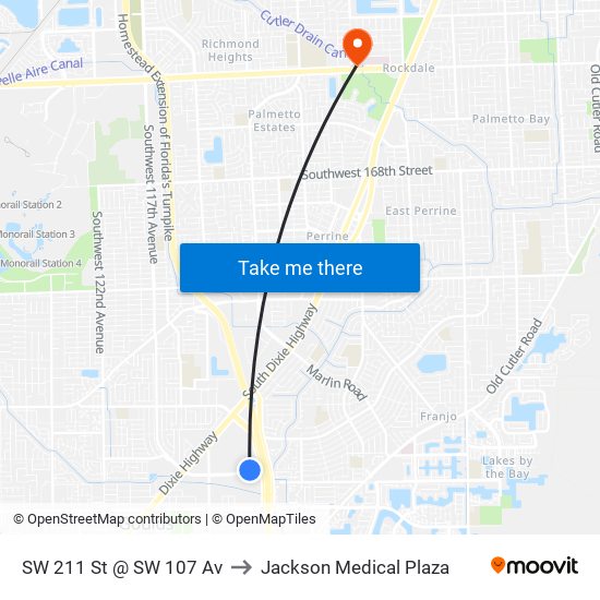 SW 211 St @ SW 107 Av to Jackson Medical Plaza map