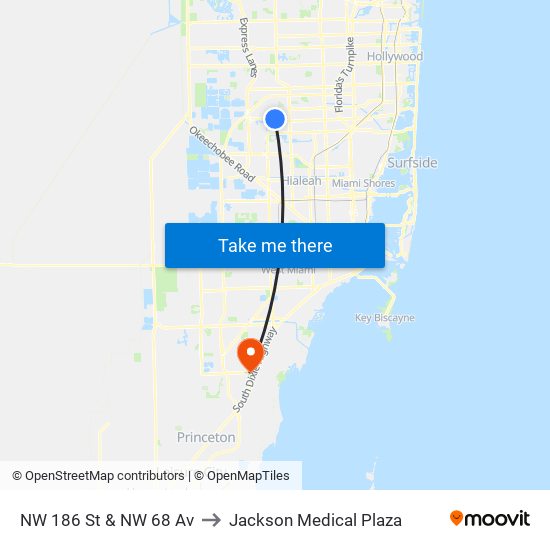 NW 186 St & NW 68 Av to Jackson Medical Plaza map