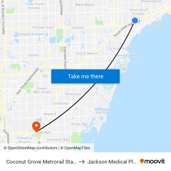 Coconut Grove Metrorail Station to Jackson Medical Plaza map