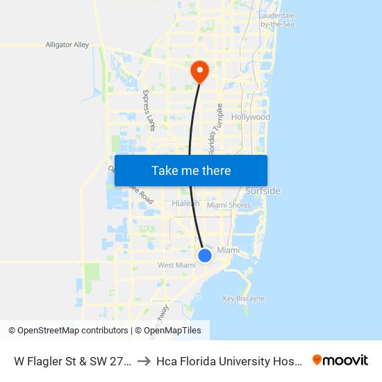 W Flagler St & SW 27 Av to Hca Florida University Hospital map