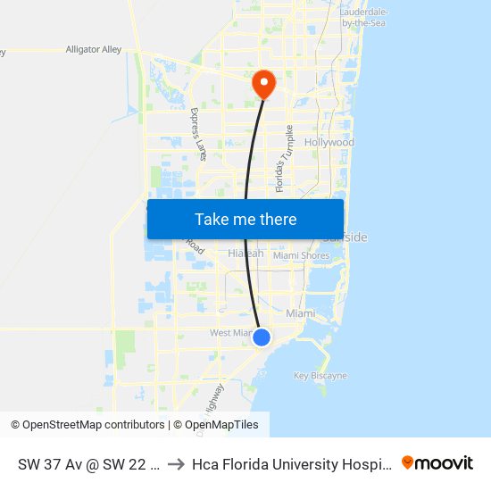 SW 37 Av @ SW 22 St to Hca Florida University Hospital map