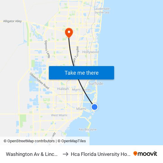 Washington Av & Lincoln Rd to Hca Florida University Hospital map