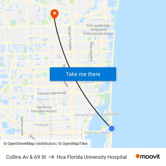 Collins Av & 69 St to Hca Florida University Hospital map