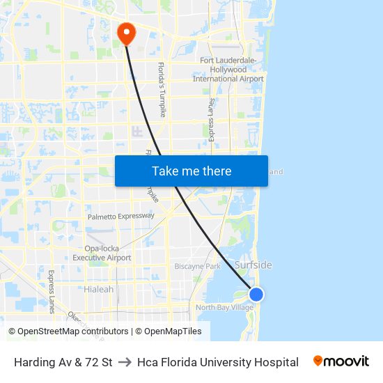 Harding Av & 72 St to Hca Florida University Hospital map