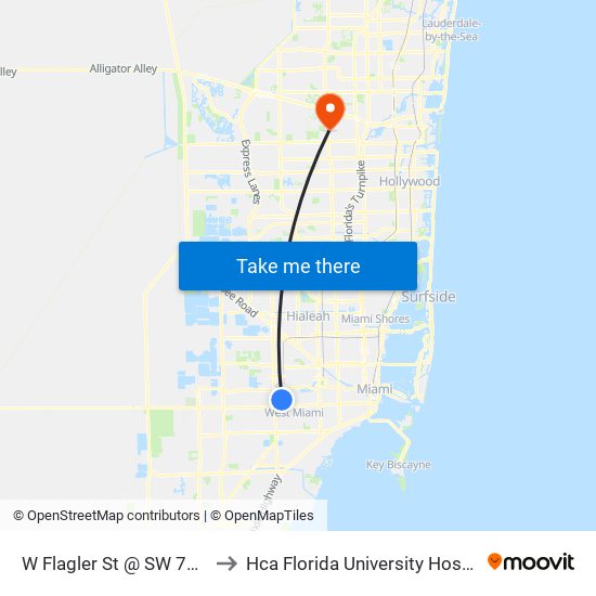 W Flagler St @ SW 72 Av to Hca Florida University Hospital map