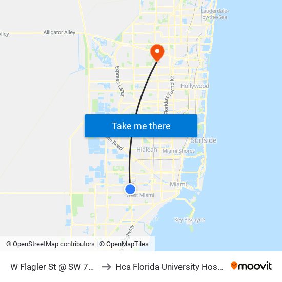 W Flagler St @ SW 78 Pl to Hca Florida University Hospital map