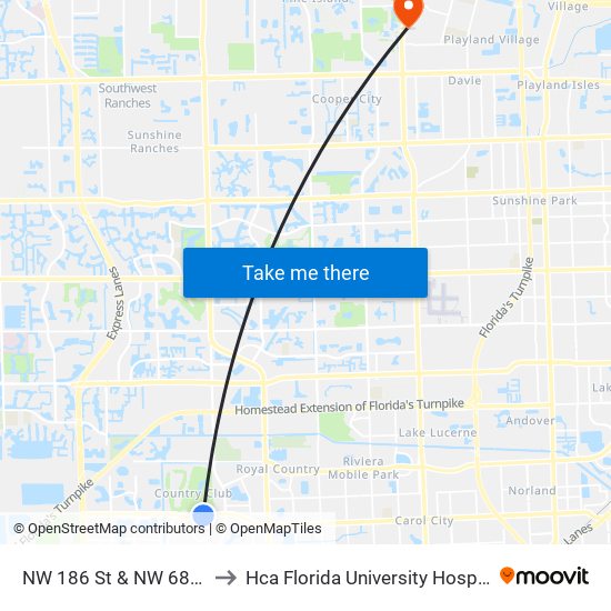 NW 186 St & NW 68 Av to Hca Florida University Hospital map