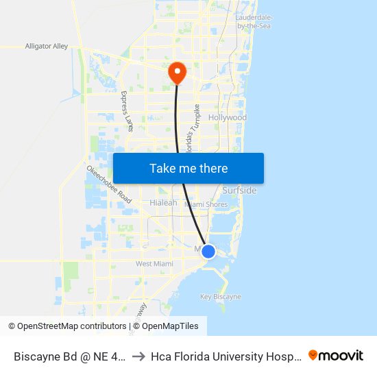 Biscayne Bd @ NE 4 St to Hca Florida University Hospital map