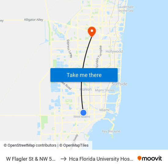 W Flagler St & NW 57 Av to Hca Florida University Hospital map