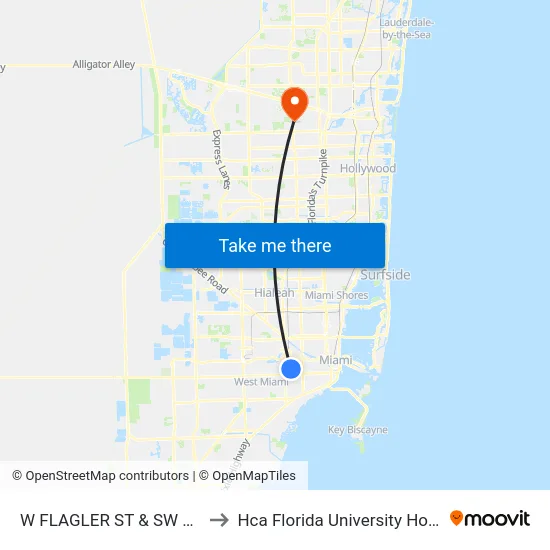 W Flagler St & Sw 37 Av to Hca Florida University Hospital map