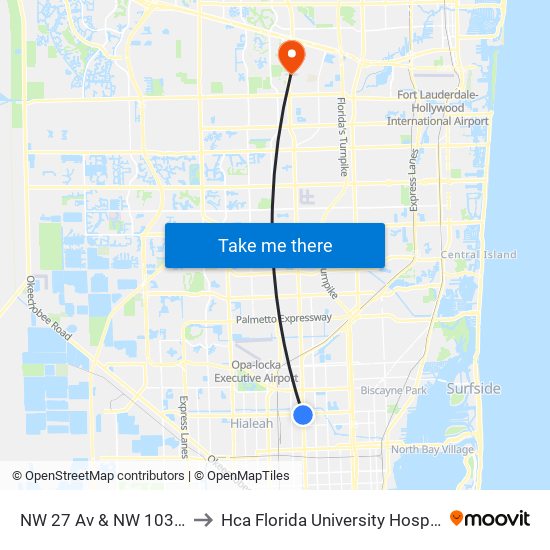 NW 27 Av & NW 103 St to Hca Florida University Hospital map