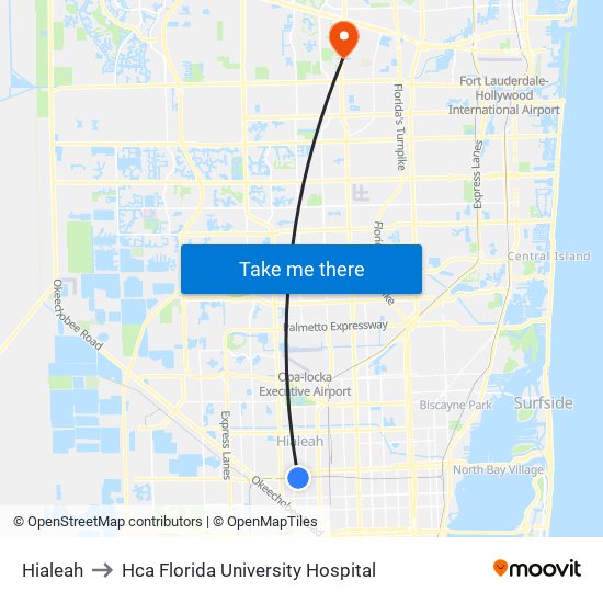 Hialeah to Hca Florida University Hospital map