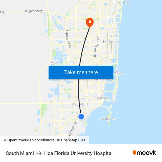 South Miami to Hca Florida University Hospital map