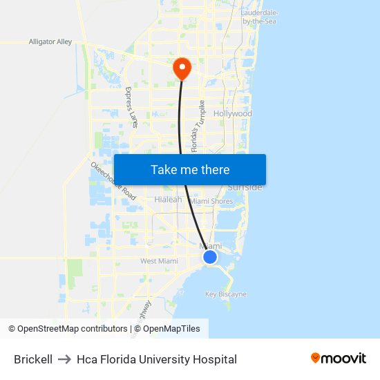 Brickell to Hca Florida University Hospital map