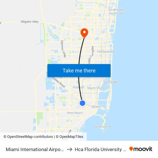 Miami International Airport Station to Hca Florida University Hospital map