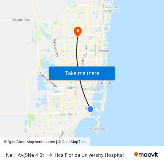 Ne 1 Av@Ne 4 St to Hca Florida University Hospital map