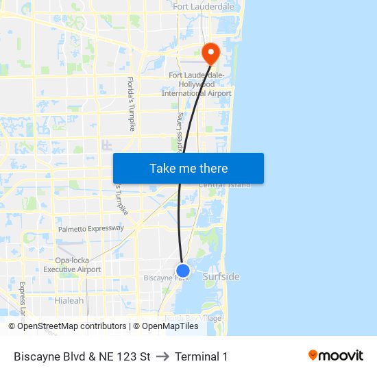 Biscayne Blvd & NE 123 St to Terminal 1 map