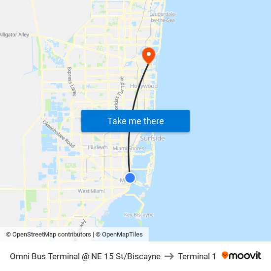 Omni Bus Terminal @ NE 15 St/Biscayne to Terminal 1 map