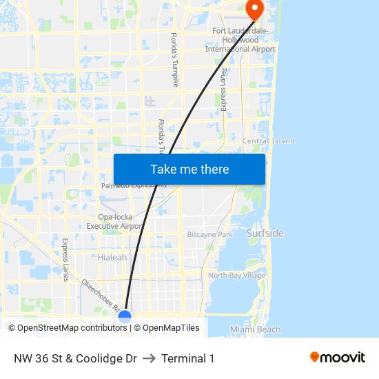 NW 36 St & Coolidge Dr to Terminal 1 map