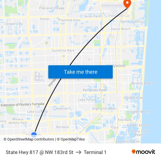 State Hwy 817 @ NW 183rd St to Terminal 1 map