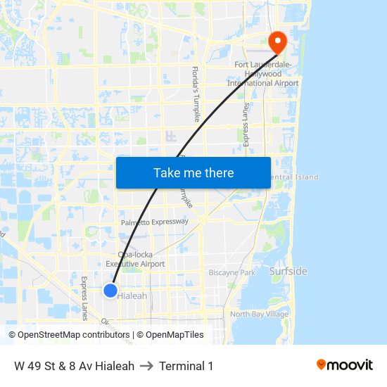 W 49 St & 8 Av Hialeah to Terminal 1 map