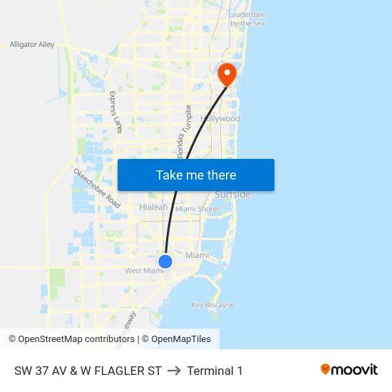 SW 37 AV & W FLAGLER ST to Terminal 1 map