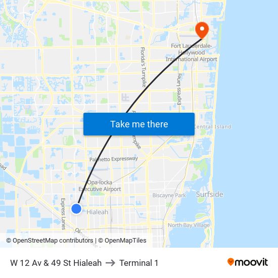 W 12 Av & 49 St Hialeah to Terminal 1 map