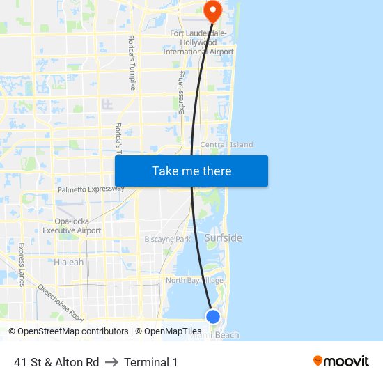 41 St & Alton Rd to Terminal 1 map