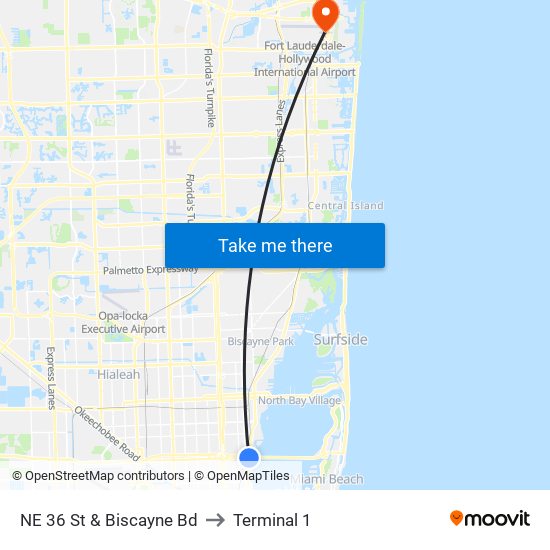 NE 36 St & Biscayne Bd to Terminal 1 map